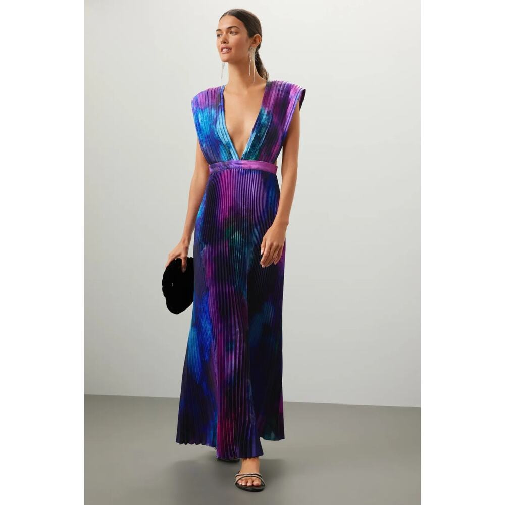 L'idee Gala Plisse Gown Deep V-Neck Satin Pleated Printed Dye, Size US 2, UK 6